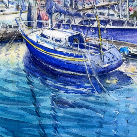 水彩画原画　江の島ヨットハーバー 10 3枚目の画像