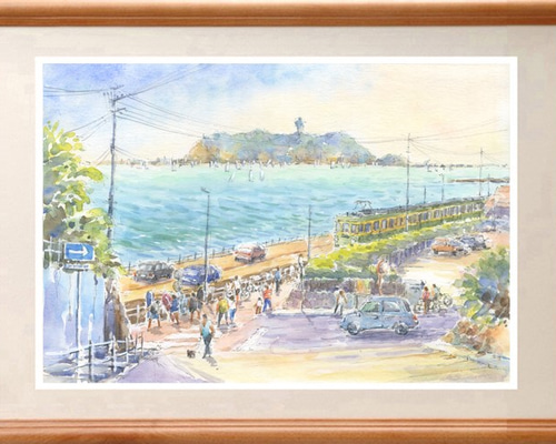 水彩画原画 湘南の夕日・江の島 #652」 by syoumei｜Artmeter