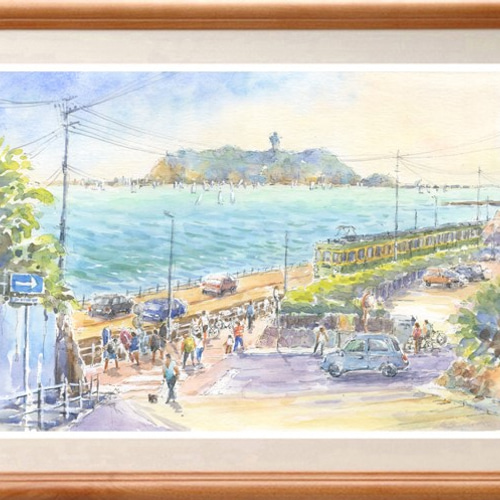 海辺の風景　水彩画　原画 水彩画原画 湘南片瀬海岸の風景 ＃687 | iichi 日々の暮らしを