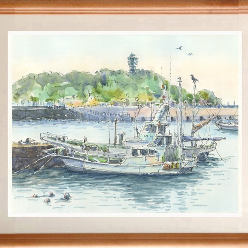 水彩画(漁港)№156