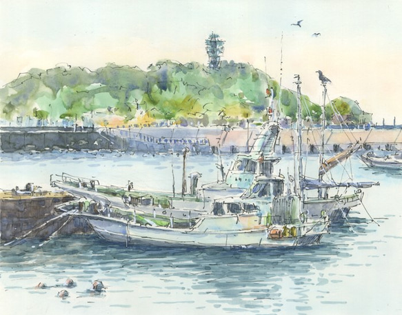水彩画原画　江の島と腰越漁港A 2枚目の画像