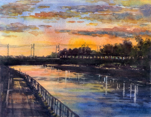 水彩画原画　夕焼けと江ノ電 2枚目の画像