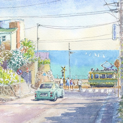 注文制作します 水彩画原画 江ノ電・鎌倉高校前駅踏切18（＃367