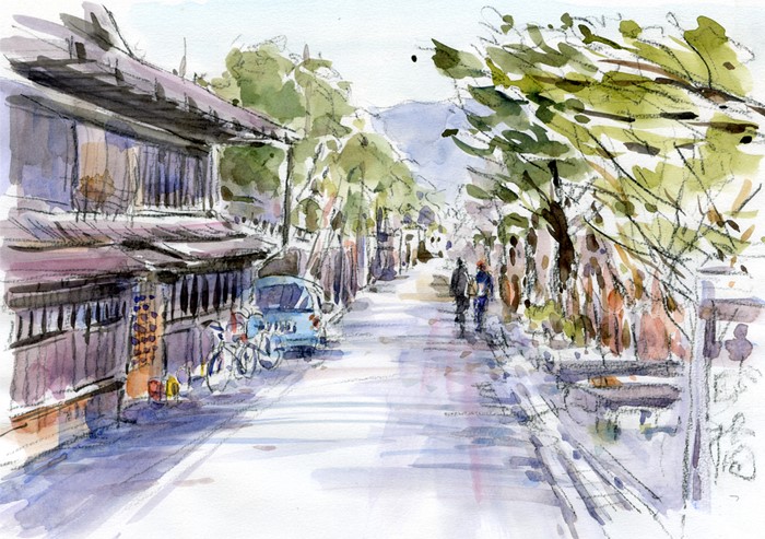 冬の函館市電　水彩画　生原画