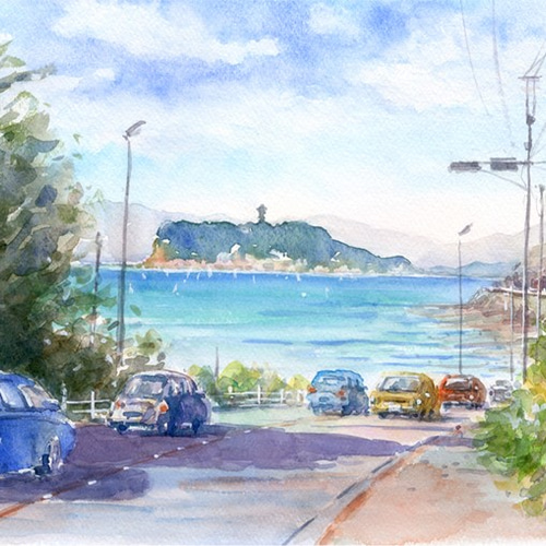 水彩画原画 江の島を望む・稲村ヶ崎付近（＃380） 絵画 syoumei