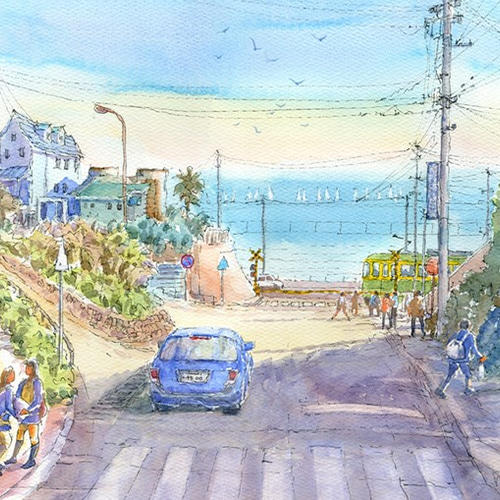 注文制作します 水彩画原画 江ノ電・鎌倉高校前駅踏切16（＃384