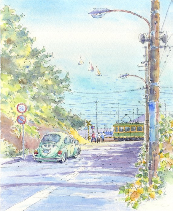 音波　「漓江」水彩画 注文制作します 水彩画原画 江ノ電鎌倉高校前踏切 21 | iichi