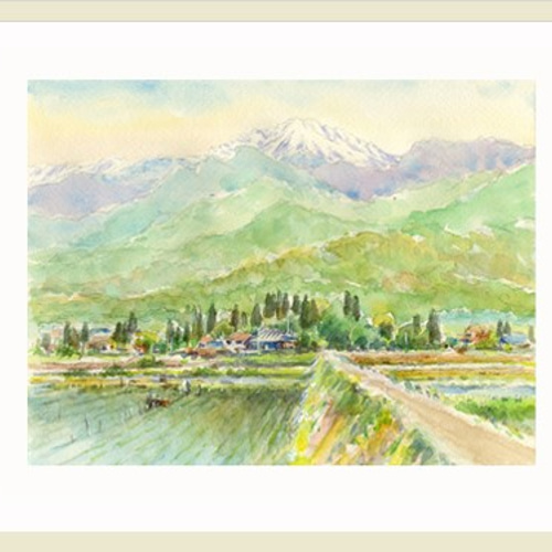 ☆水彩画☆原画「安曇野の春・居谷里湿原」☆ （春を迎える居谷