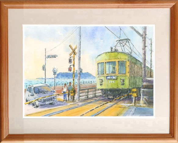 水彩画原画 江ノ電鎌倉高校前踏切 絵画 syoumei 通販 8972943