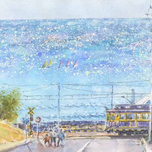 人気No.1 水彩画原画 光る海・七里ヶ浜 絵画 syoumei 通販 8995124 絵画