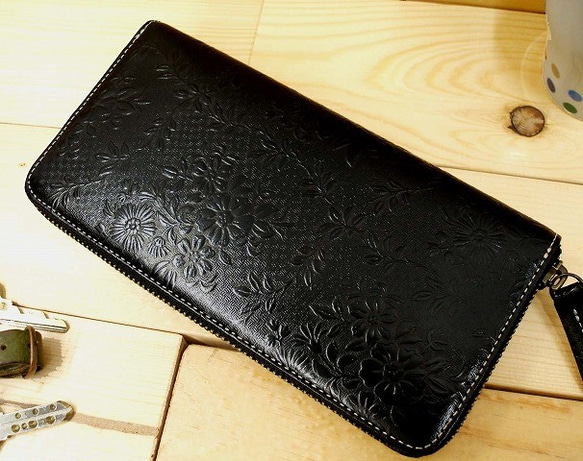 Real leather wallet/Embossing Kip leather/Chrysanthemum 第1張的照片