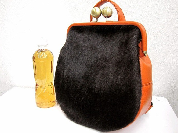 Real leather backpack/Fur leather/Orange 第2張的照片