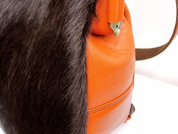 Real leather backpack/Fur leather/Orange 第8張的照片