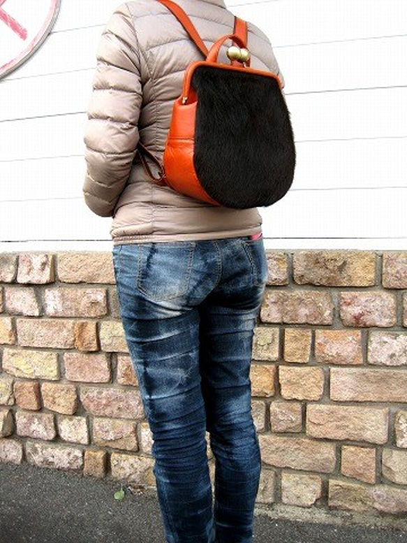 Real leather backpack/Fur leather/Orange 第9張的照片