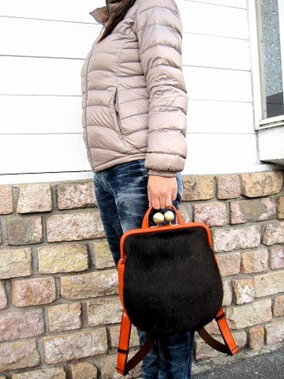 Real leather backpack/Fur leather/Orange 第10張的照片