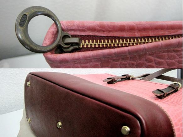 【受注生産】 本革トートバッグ クロコ型押しのピンク×ボルドー 6枚目の画像
