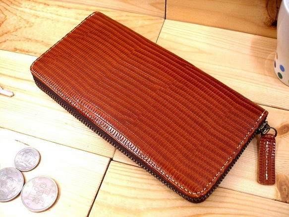 Real Leather Wallet/Embossed Leather/Iguana Pattern Brown 第1張的照片