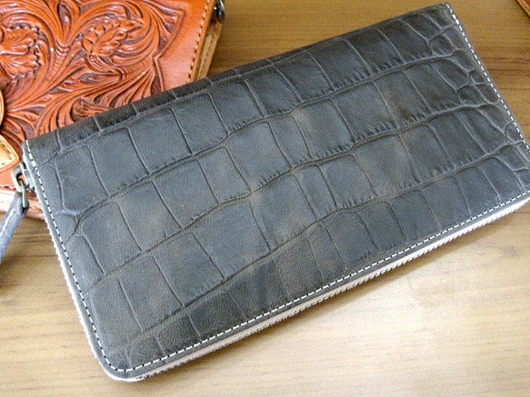 Real leather wallet/Embossing Kip leather/Crocodile pattern 第1張的照片