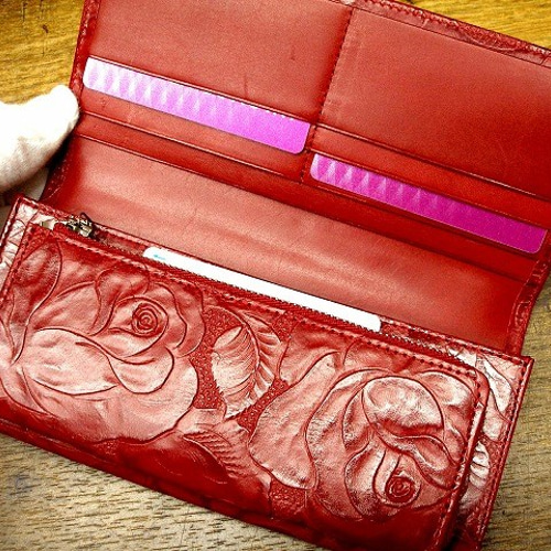本革長財布 シンプルな折財布 薔薇柄型押ステアレザー(成牛革