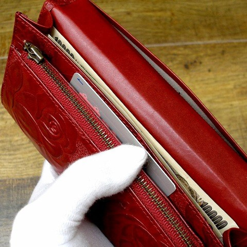 本革長財布 シンプルな折財布 薔薇柄型押ステアレザー(成牛革
