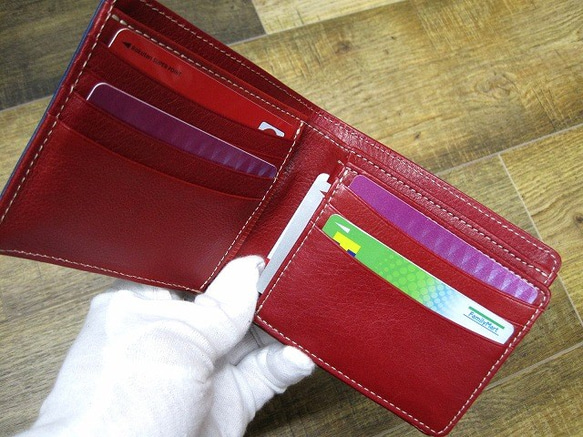 Real leather wallet/Goat and Kip Leather/Blue & Red 第2張的照片