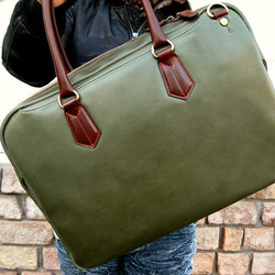 受注生産】本革ビジネスバッグ オリーブグリーン×オレンジステッチの