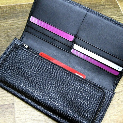 本革長財布 シンプルな折財布 角シボ型押レザー マット黒【名 本革長財布 シンプルな折財布 角シボ型押レザー マット黒【名