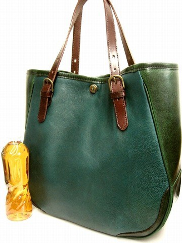 Real leather tote-bag/Steer leather/Green 第2張的照片