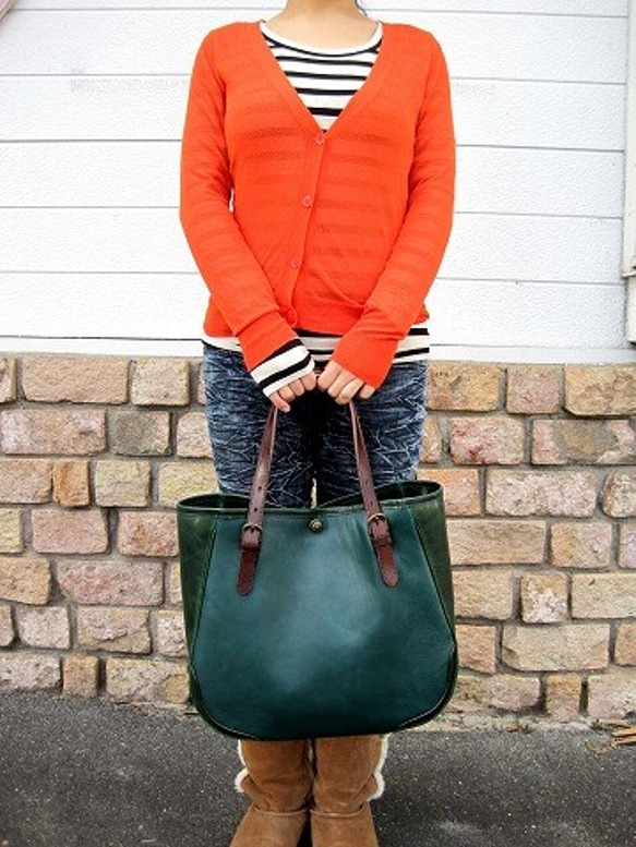 Real leather tote-bag/Steer leather/Green 第7張的照片
