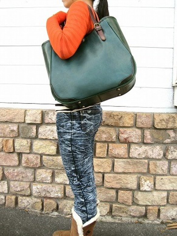 Real leather tote-bag/Steer leather/Green 第8張的照片