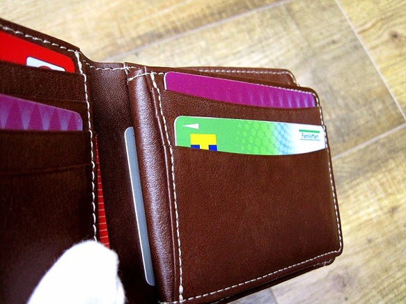 本革二つ折財布 ポケットたくさん多機能！ ワックスゴート(山羊革) キャメル×ブラウン 7枚目の画像