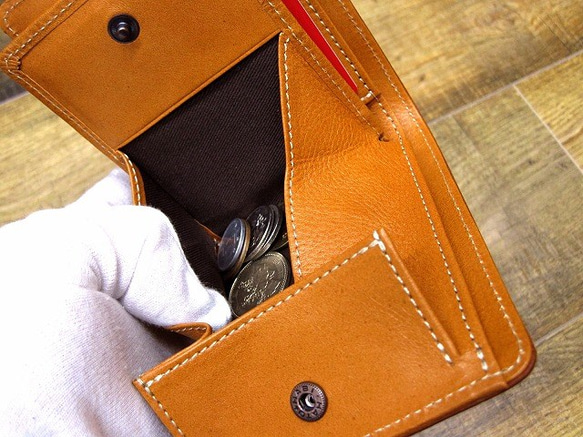 本革二つ折財布 ポケットたくさん多機能！ ワックスゴート(山羊革) ブラウン×キャメル 6枚目の画像