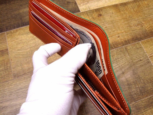 Real leather wallet/Goat and Kip Leather/Green & Orange 第3張的照片