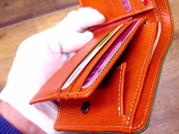 Real leather wallet/Goat and Kip Leather/Green & Orange 第5張的照片