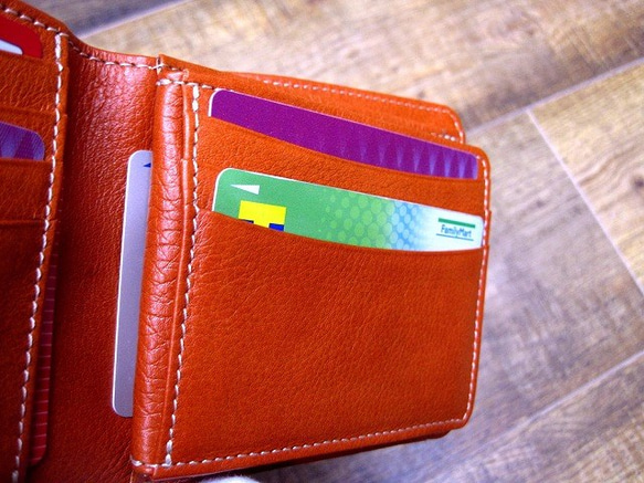 Real leather wallet/Goat and Kip Leather/Green & Orange 第7張的照片