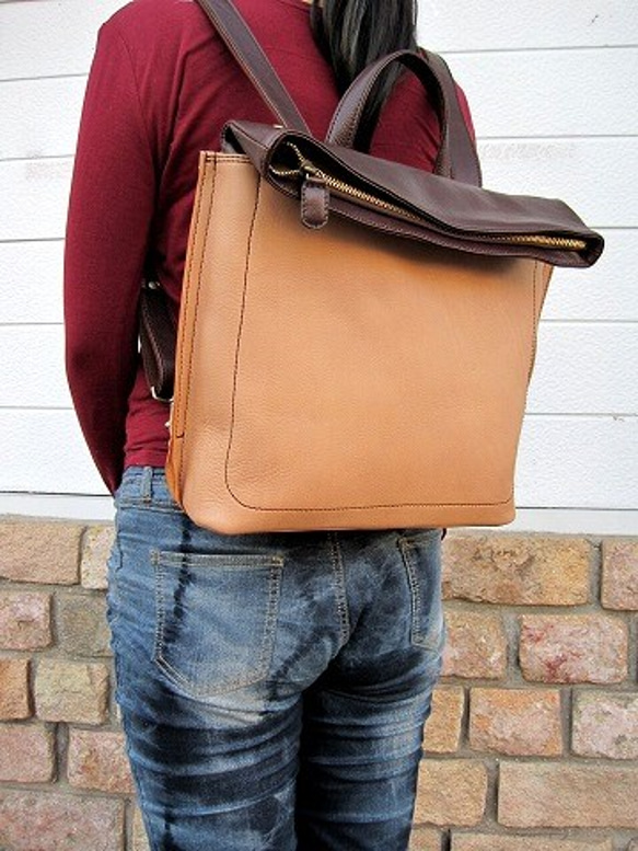 Real leather backpack/Kip leather/Beige & Choco 第7張的照片
