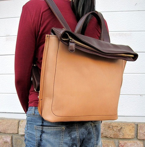 Real leather backpack/Kip leather/Beige & Choco 第1張的照片