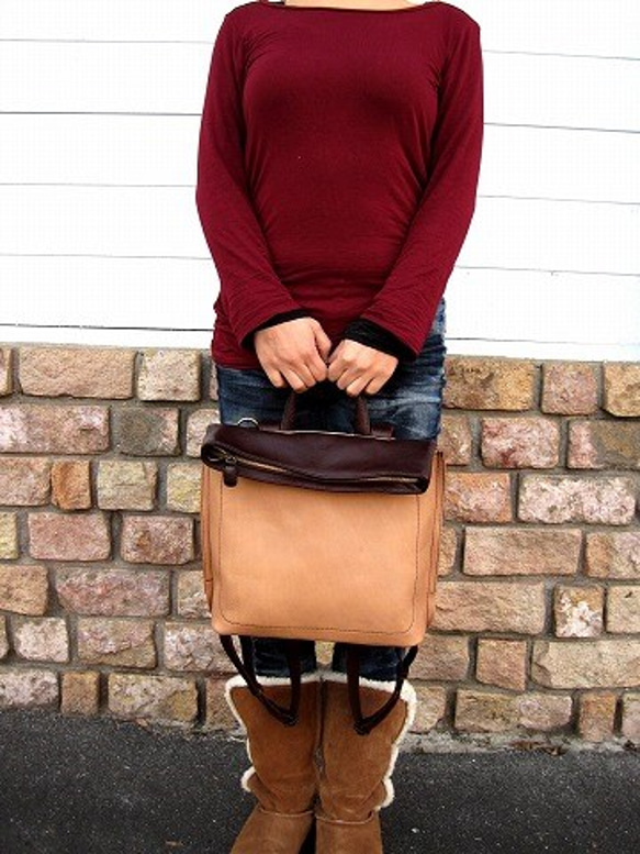 Real leather backpack/Kip leather/Beige & Choco 第8張的照片