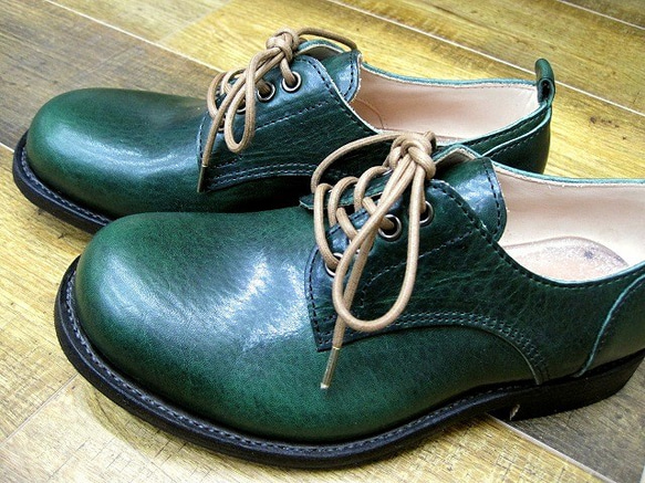 【受注生産】本格派の本革靴 外羽短靴 アンティークワックスオイルグリーン 2枚目の画像