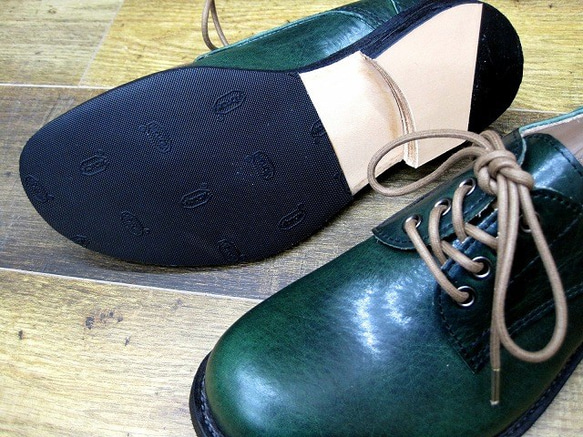 【受注生産】本格派の本革靴 外羽短靴 アンティークワックスオイルグリーン 5枚目の画像