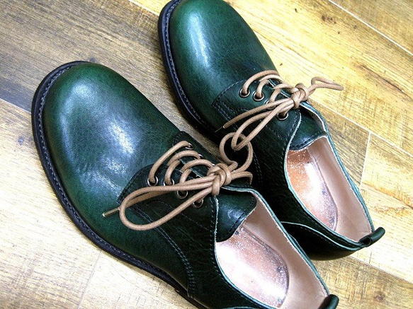 【受注生産】本格派の本革靴 外羽短靴 アンティークワックスオイルグリーン 6枚目の画像