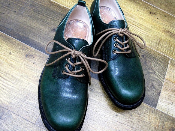 【受注生産】本格派の本革靴 外羽短靴 アンティークワックスオイルグリーン 8枚目の画像