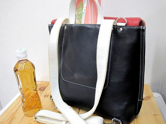 Real leather backpack/Kip leather/Navy & Red & White 第3張的照片