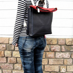 Real leather backpack/Kip leather/Navy & Red & White 第7張的照片