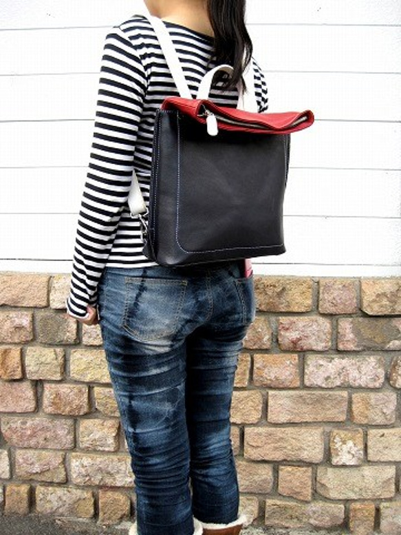 Real leather backpack/Kip leather/Navy & Red & White 第7張的照片