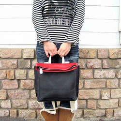Real leather backpack/Kip leather/Navy & Red & White 第8張的照片