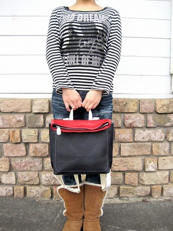 Real leather backpack/Kip leather/Navy & Red & White 第8張的照片