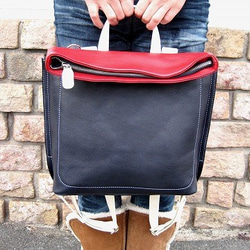 Real leather backpack/Kip leather/Navy & Red & White 第9張的照片