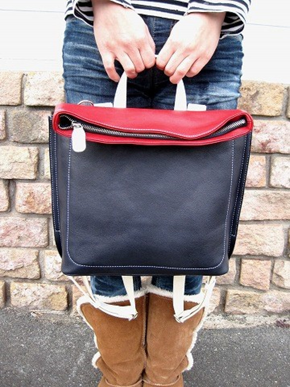 Real leather backpack/Kip leather/Navy & Red & White 第9張的照片