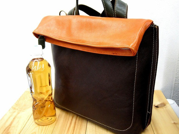 Real leather backpack/Kip leather/Choco & Orenge & Olive 第2張的照片